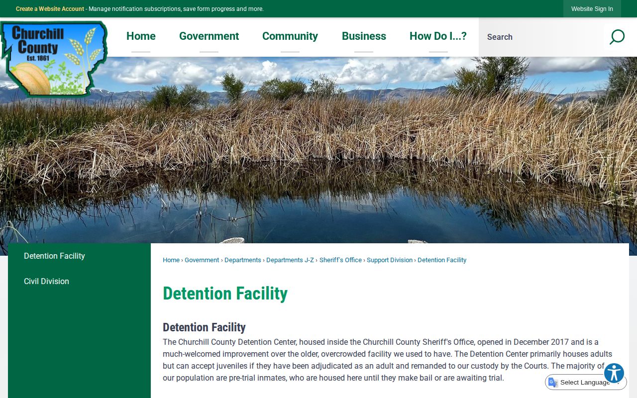 Official Churchill County Detention Facility information page