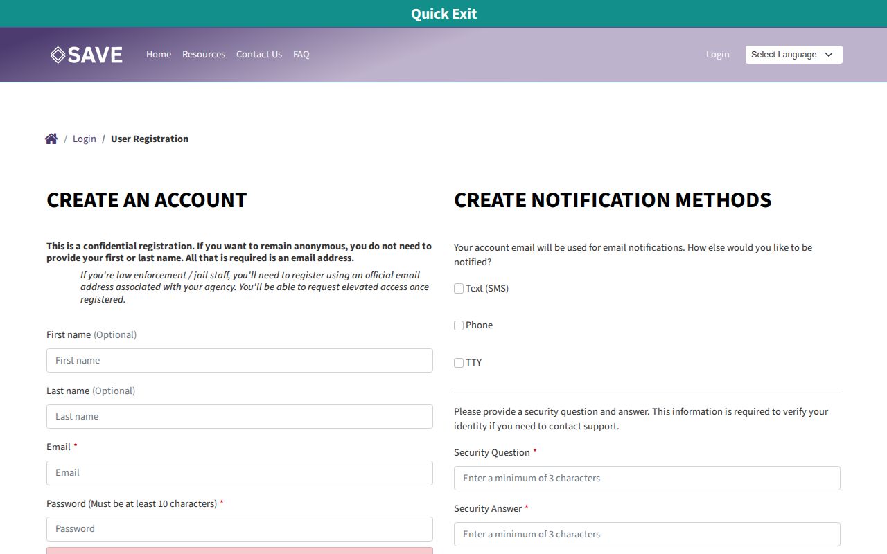 Nevada SAVE registration page for email text phone and TTY custody alerts