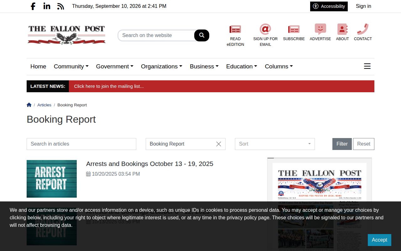 Churchill County arrest log in The Fallon Post Booking Report archive