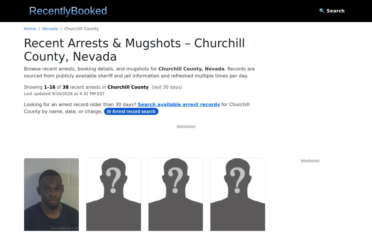 RecentlyBooked Churchill County third-party recent booking page