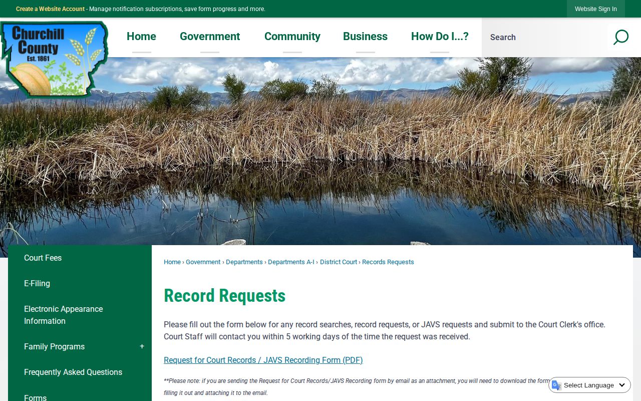 Churchill County official records request webpage