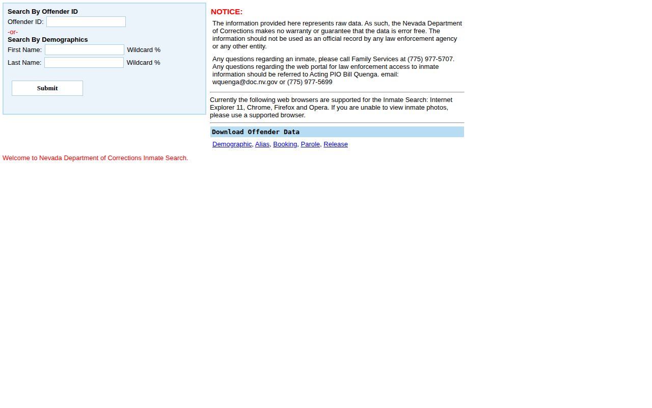 Nevada Department of Corrections official offender search form